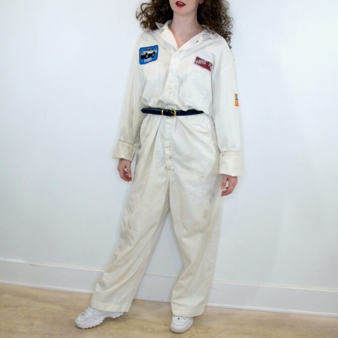 Vintage Distressed White Mechanics Coveralls with Patches - Image 9