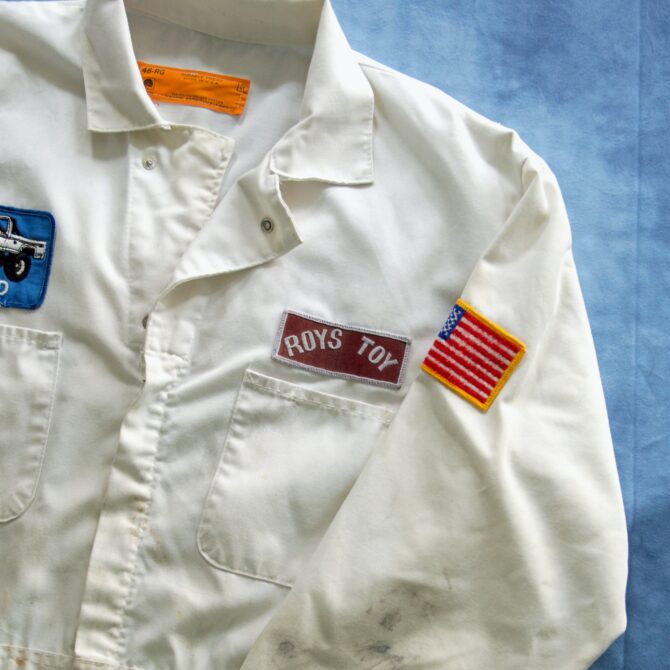 Vintage Distressed White Mechanics Coveralls with Patches - Image 2