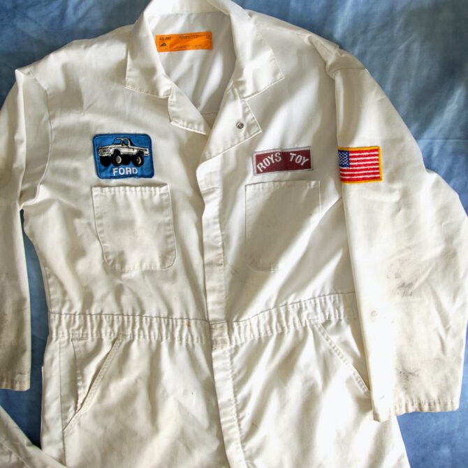 Vintage Distressed White Mechanics Coveralls with Patches - Image 4