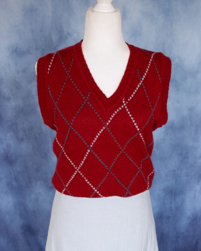 90s Vintage Dark Red Argyle Sweater Vest - Image 5